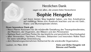 Traueranzeige von Sophie Hengeler von Allgäuer Zeitung,Kempten