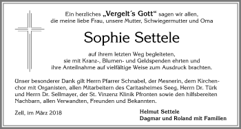 Traueranzeige von Sophie Settele von Allgäuer Zeitung, Füssen