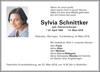 Traueranzeige von Sylvia Schnittker von Memminger Zeitung