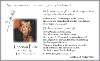 Traueranzeige von Theresa Plötz von Allgäuer Zeitung, Füssen