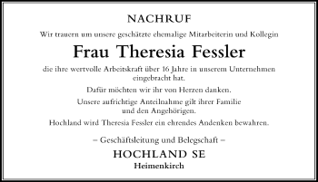Traueranzeige von Theresia Fessler von Der Westallgäuer