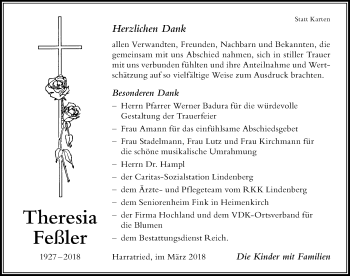 Traueranzeige von Theresia Feßler von Der Westallgäuer