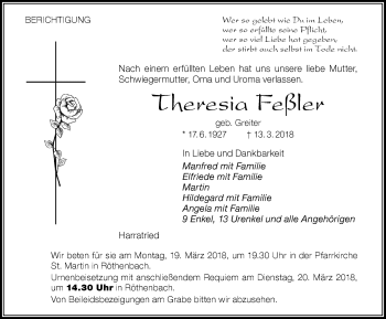 Traueranzeige von Theresia Feßler von Der Westallgäuer