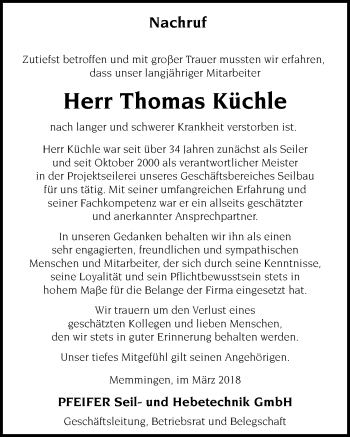 Traueranzeige von Thomas Küchle von Memminger Zeitung