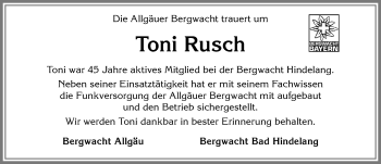 Traueranzeige von Toni Rusch von Allgäuer Anzeigeblatt