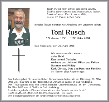 Traueranzeige von Toni Rusch von Allgäuer Anzeigeblatt
