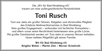 Traueranzeige von Toni Rusch von Allgäuer Anzeigeblatt