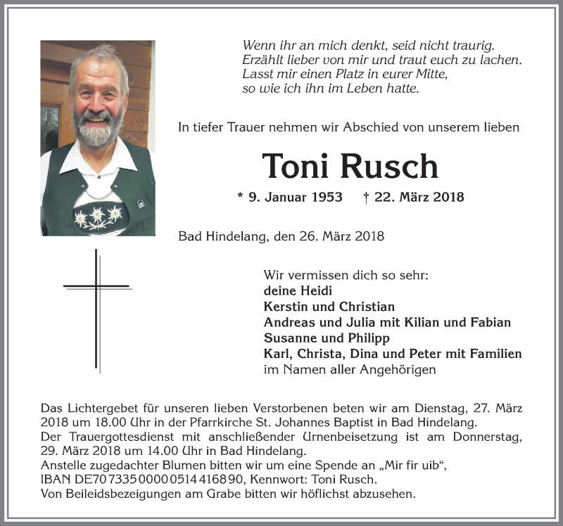  Traueranzeige für Toni Rusch vom 26.03.2018 aus Allgäuer Anzeigeblatt