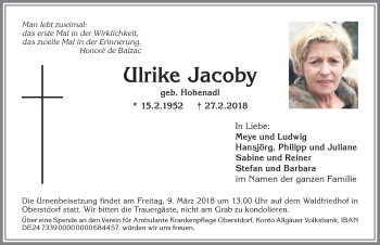 Traueranzeige von Ulrike Jacoby von Allgäuer Anzeigeblatt