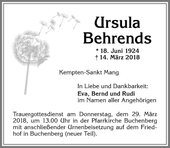 Traueranzeige von Ursula Behrends von Allgäuer Zeitung,Kempten