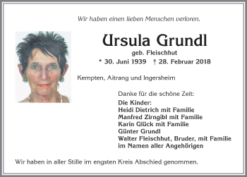 Traueranzeige von Ursula Grundl von Allgäuer Zeitung,Kempten