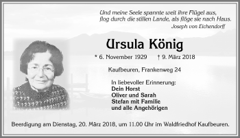 Traueranzeige von Ursula König von Allgäuer Zeitung, Kaufbeuren/Buchloe