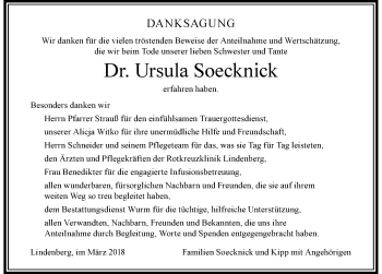 Traueranzeige von Ursula Soecknick von Der Westallgäuer