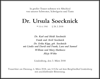 Traueranzeige von Ursula Soecknick von Allgäuer Zeitung