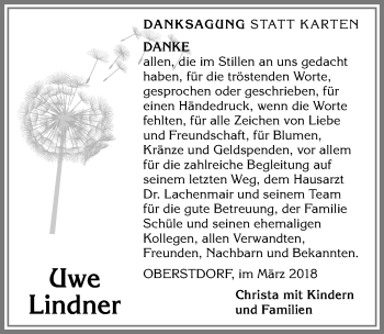 Traueranzeige von Uwe Lindner von Allgäuer Anzeigeblatt