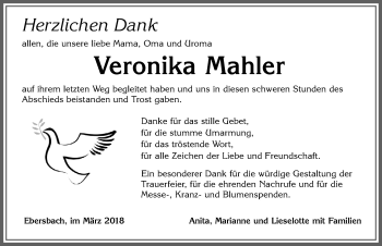 Traueranzeige von Veronika Mahler von Allgäuer Zeitung, Marktoberdorf