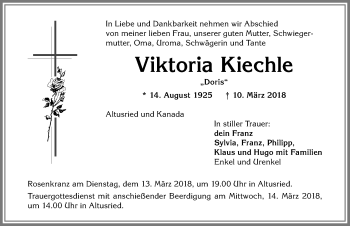 Traueranzeige von Viktoria Kiechle von Allgäuer Zeitung,Kempten