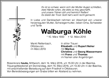 Traueranzeige von Walburga Köhle von Memminger Zeitung