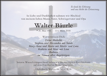 Traueranzeige von Walter Bäurle von Der Westallgäuer