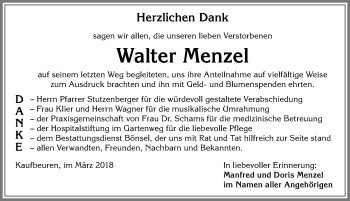 Traueranzeige von Walter Menzel von Allgäuer Zeitung, Kaufbeuren/Buchloe