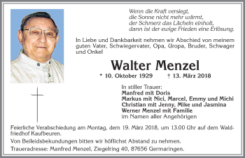 Traueranzeige von Walter Menzel von Allgäuer Zeitung, Kaufbeuren/Buchloe