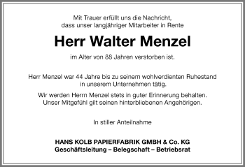 Traueranzeige von Walter Menzel von Allgäuer Zeitung, Kaufbeuren/Buchloe