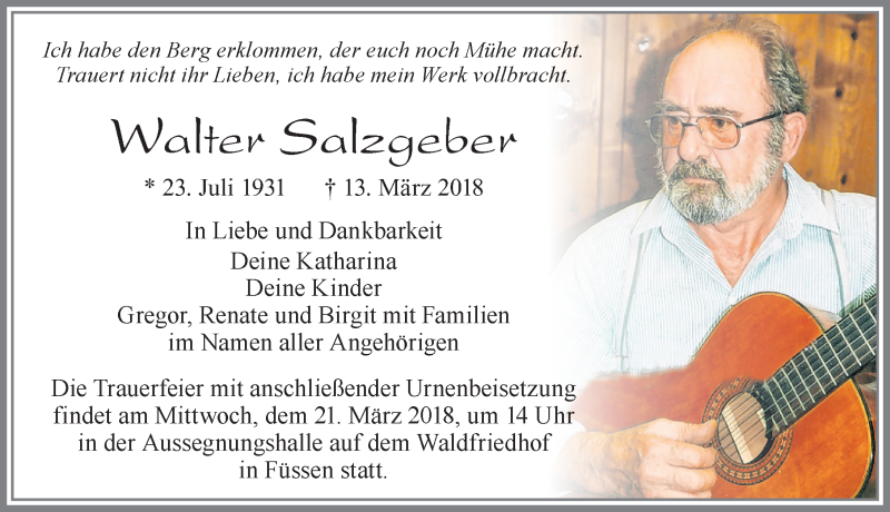 Traueranzeige für Walter Salzgeber vom 17.03.2018 aus Allgäuer Zeitung, Füssen