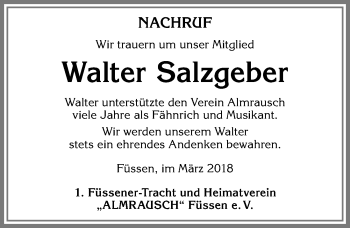 Traueranzeige von Walter Salzgeber von Allgäuer Zeitung, Füssen