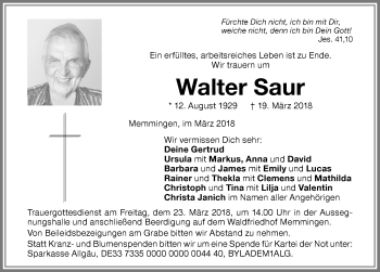 Traueranzeige von Walter Saur von Memminger Zeitung