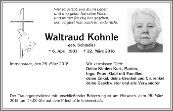 Traueranzeige von Waltraud Kohnle von Allgäuer Anzeigeblatt