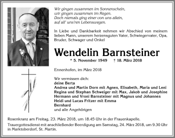 Traueranzeige von Wendelin Barnsteiner von Allgäuer Zeitung, Marktoberdorf