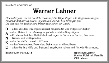 Traueranzeige von Werner Lehner von Allgäuer Zeitung, Kaufbeuren/Buchloe
