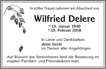 Traueranzeige von Wilfried Delere von Allgäuer Zeitung,Kempten
