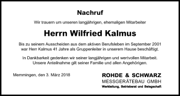 Traueranzeige von Wilfried Kalmus von Memminger Zeitung