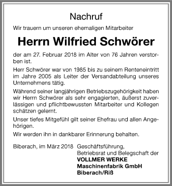 Traueranzeige von Wilfried Schwörer von Memminger Zeitung