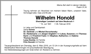 Traueranzeige von Wilhelm Honold von Memminger Zeitung