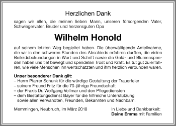 Traueranzeige von Wilhelm Honold von Memminger Zeitung
