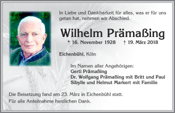 Traueranzeige von Wilhelm Prämaßing von Allgäuer Zeitung, Füssen