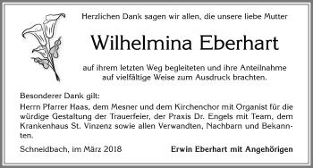 Traueranzeige von Wilhelmina Eberhart von Allgäuer Zeitung, Füssen