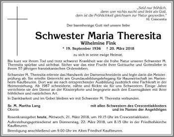 Traueranzeige von Wilhelmine Fink von Allgäuer Zeitung, Kaufbeuren/Buchloe