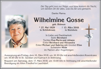 Traueranzeige von Wilhelmine Gosse von Allgäuer Zeitung, Kaufbeuren/Buchloe