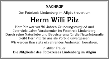 Traueranzeige von Willi Pilz von Der Westallgäuer