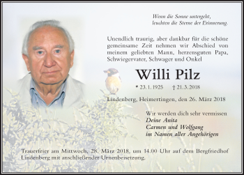 Traueranzeige von Willi Pilz von Der Westallgäuer