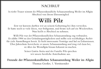 Traueranzeige von Willi Pilz von Der Westallgäuer