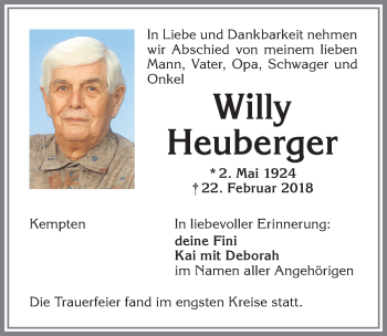 Traueranzeige von Willy Heuberger von Allgäuer Zeitung,Kempten