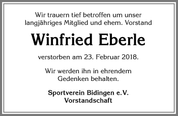 Traueranzeige von Winfried Eberle von Allgäuer Zeitung, Marktoberdorf