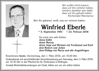 Traueranzeige von Winfried Eberle von Allgäuer Zeitung