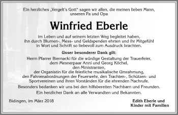 Traueranzeige von Winfried Eberle von Allgäuer Zeitung, Marktoberdorf