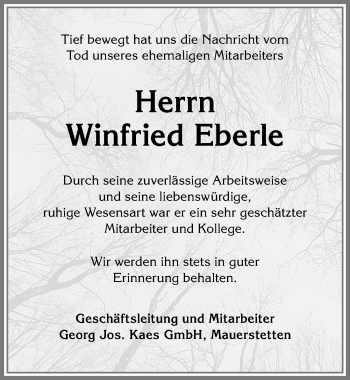 Traueranzeige von Winfried Eberle von Allgäuer Zeitung