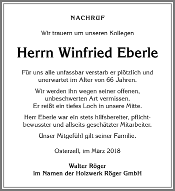 Traueranzeige von Winfried Eberle von Allgäuer Zeitung, Kaufbeuren/Buchloe